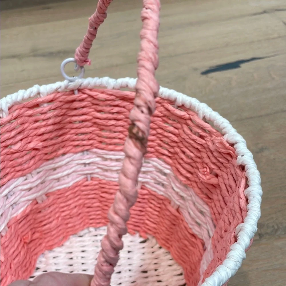 Pink and White Woven Round Decorative Basket with Handle Small Storage